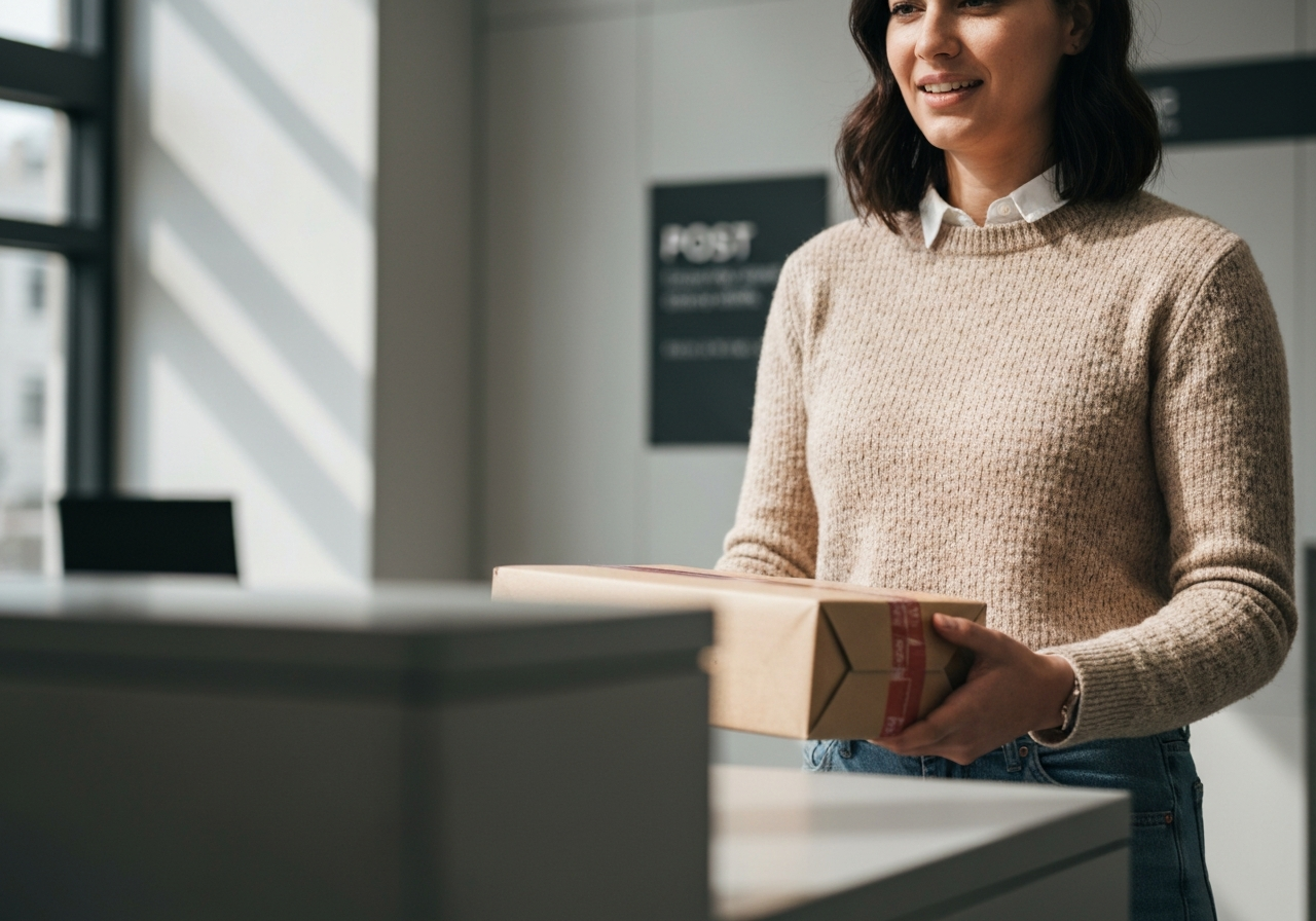 A close-up of a person holding a package in a modern, clean post office environment, soft natural light, editorial photography style, 85mm lens, high resolution, no text, no letters