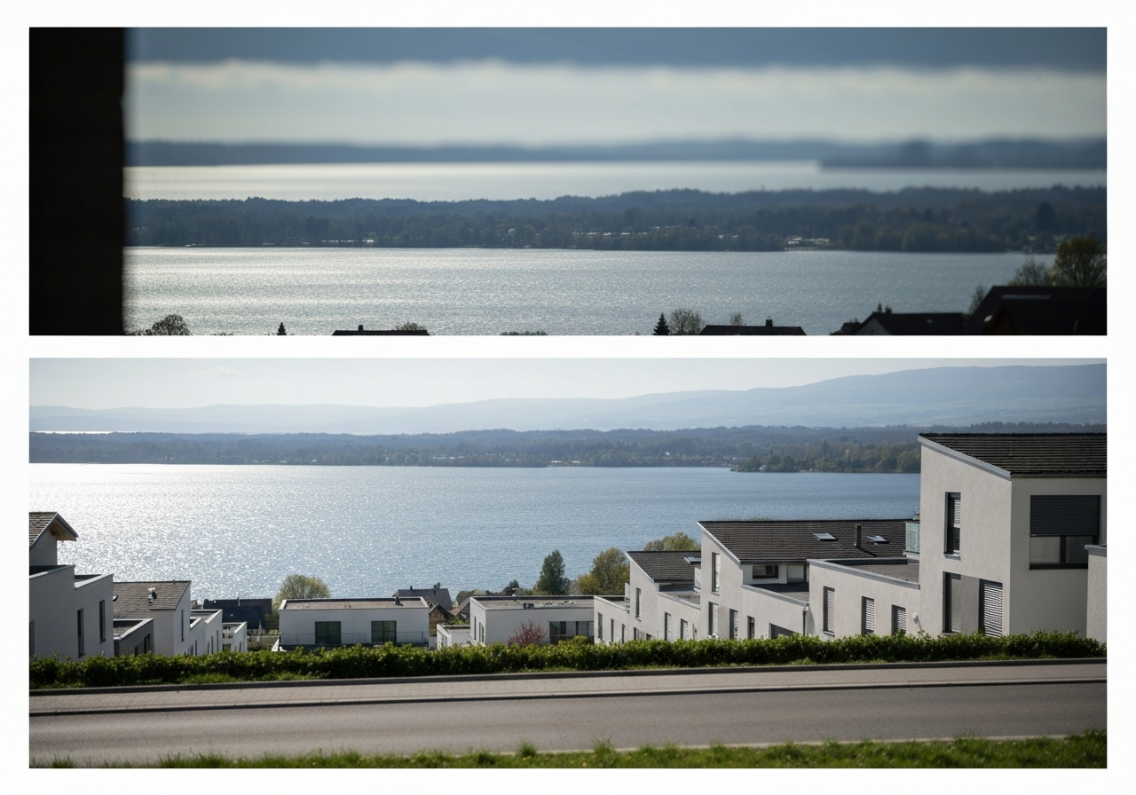 A split-screen composition showing a scenic view of a lake in the background and a quiet, structured village street in the foreground, professional logistics theme, modern editorial photography, soft natural light, 85mm lens, highly detailed, no text, no letters