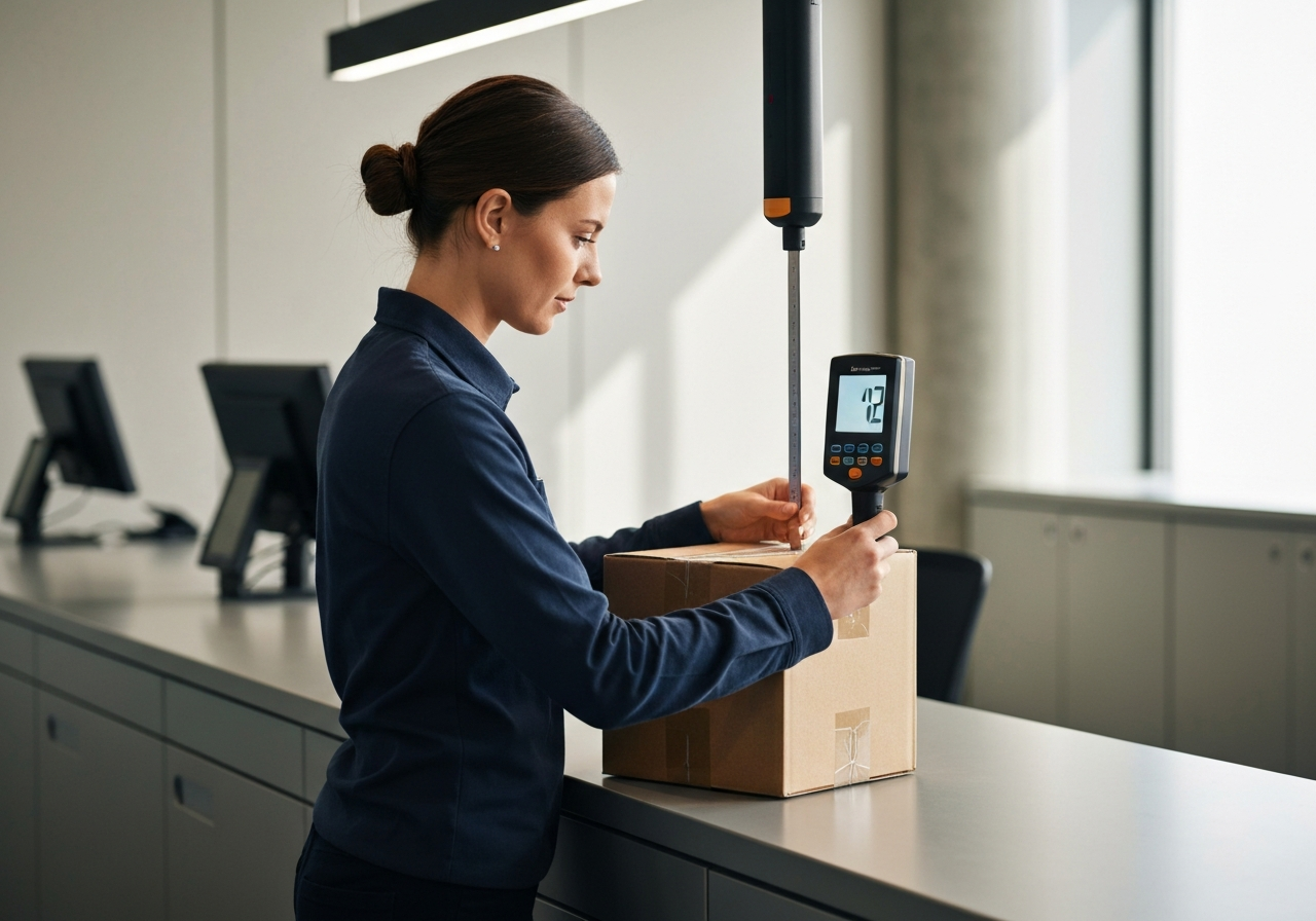 Editorial photography, a professional postal worker measuring a cardboard parcel with a digital device at a clean modern logistics counter, soft natural lighting, 85mm lens, high resolution, minimalist aesthetic, no text, no words, no letters.
