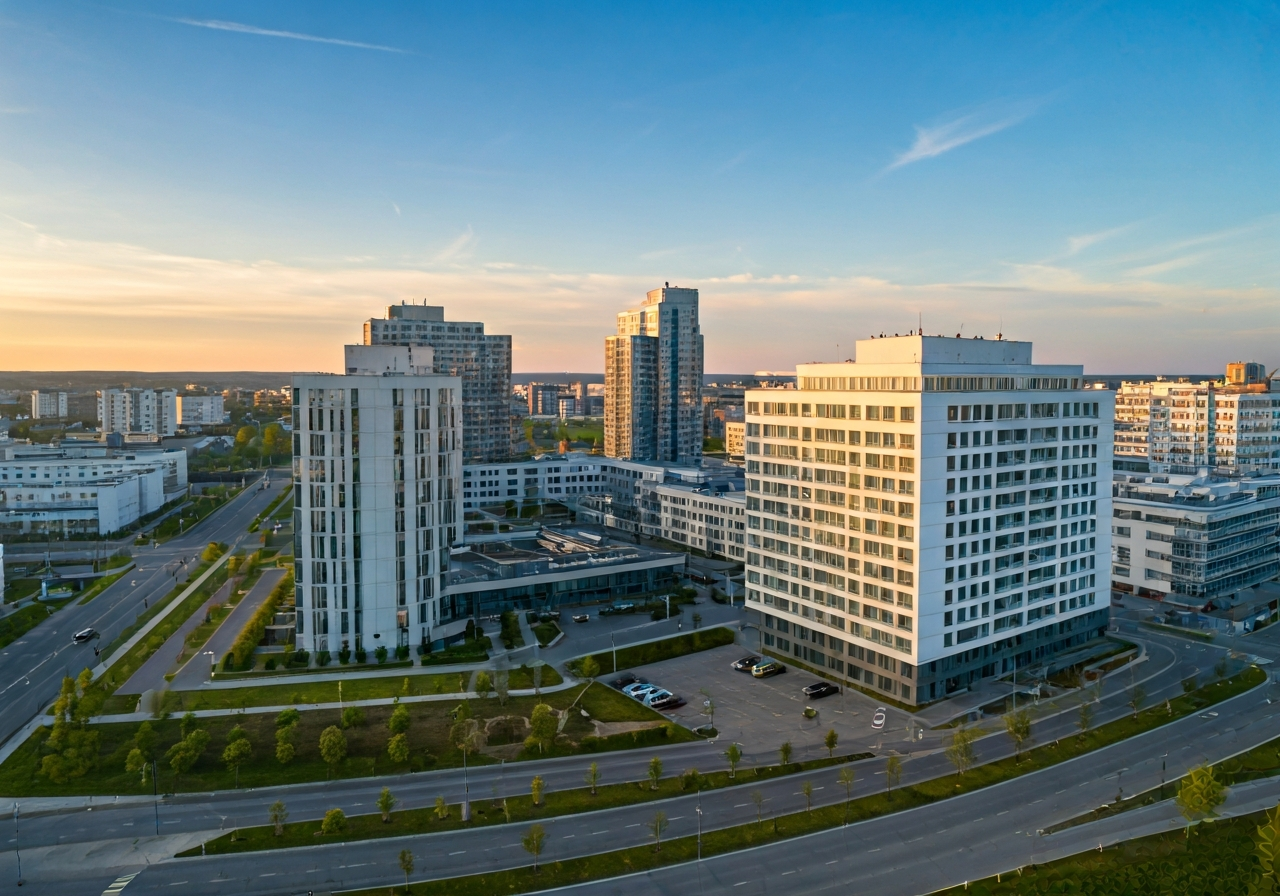 PSČ 70030: Rychlý přehled pro doručení (Krok za krokem) 2 Aerial view of a modern urban district in Ostrava, clean architecture, editorial photography style, soft natural morning light, 85mm lens, high resolution, no text, no words, no letters