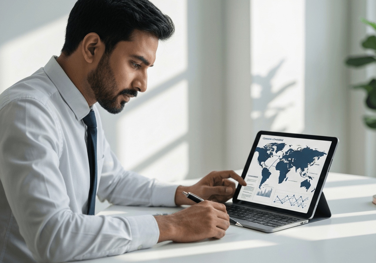 A professional logistics expert working on a clean, modern desk with a tablet displaying digital customs clearance documents and a global map, soft natural light, editorial photography, 85mm lens, high resolution, no text, no letters