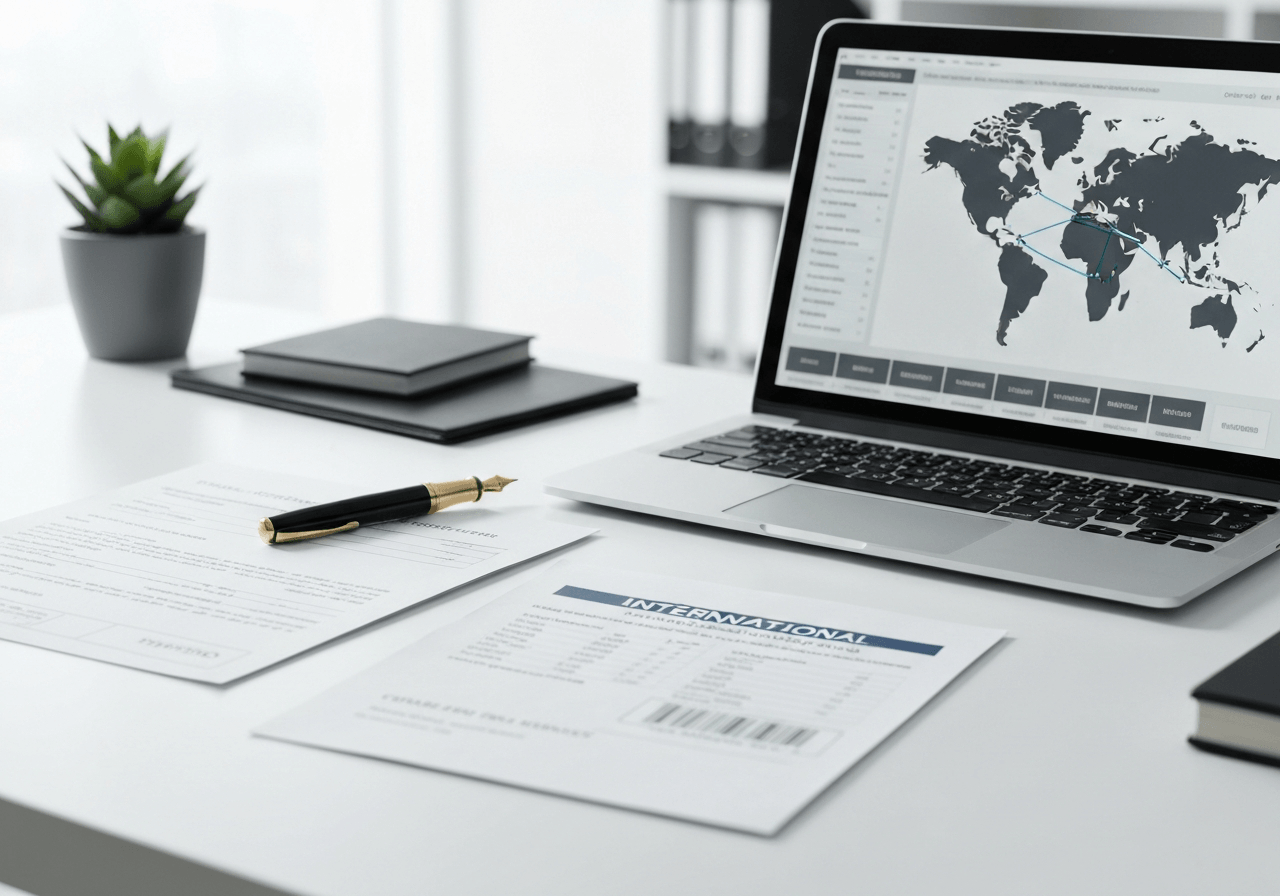 A professional logistics workspace featuring organized customs documents, an international shipping label, a high-end fountain pen, and a laptop screen displaying a global tracking map, modern clean office environment, editorial photography, soft natural light, 85mm lens, highly detailed, no text, no letters