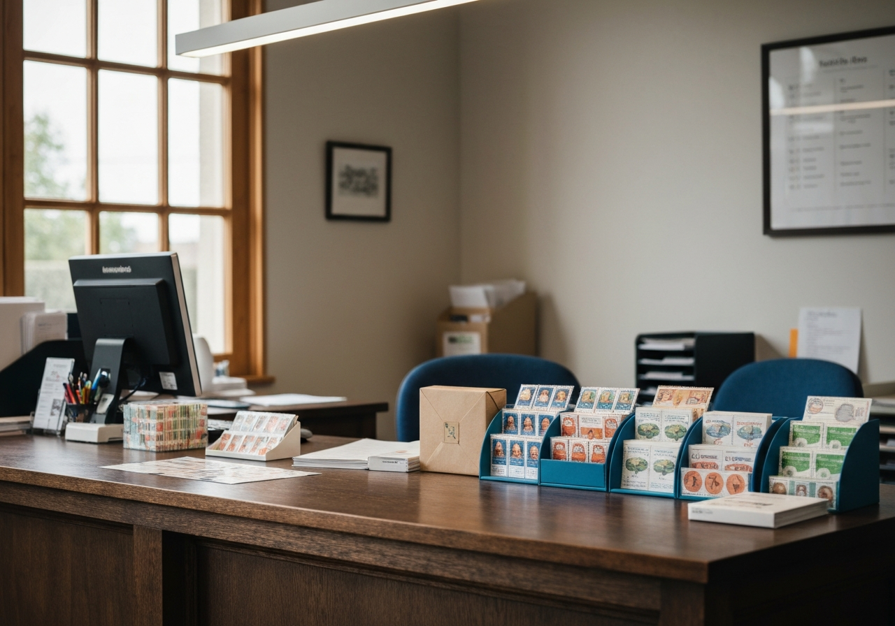 A professional, modern post office counter in a small village, clean aesthetic, focus on a organized wooden desk with postal stamps and parcels, soft natural light, 85mm lens, editorial photography style, no text, no words, no letters.