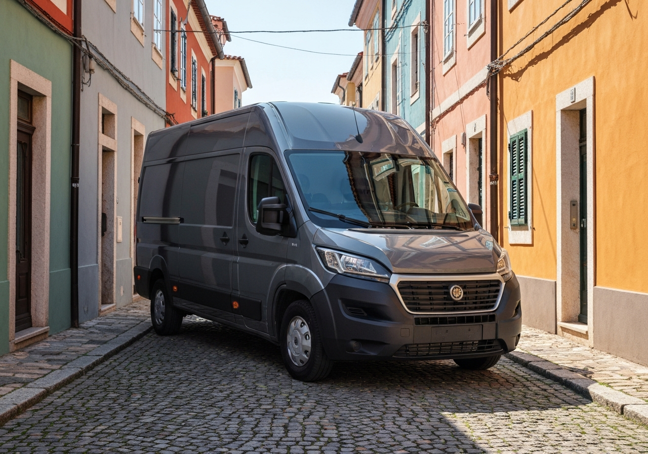 A sleek, modern delivery van parked on a quaint street in Pustiměř, bright daylight, clean composition, editorial photography style, soft natural light, 85mm lens, highly detailed, no text, no words, no letters