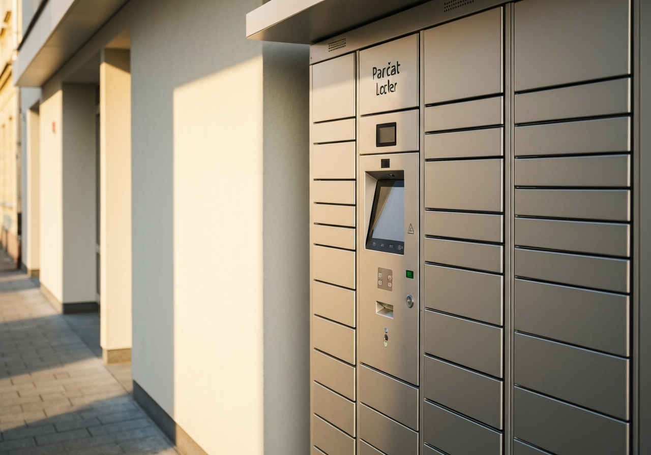 A modern, automated parcel locker station in a clean urban environment, Klatovy street setting, focus on the interface and metallic texture, editorial photography, soft natural light, 85mm lens, highly detailed, no text, no words, no letters