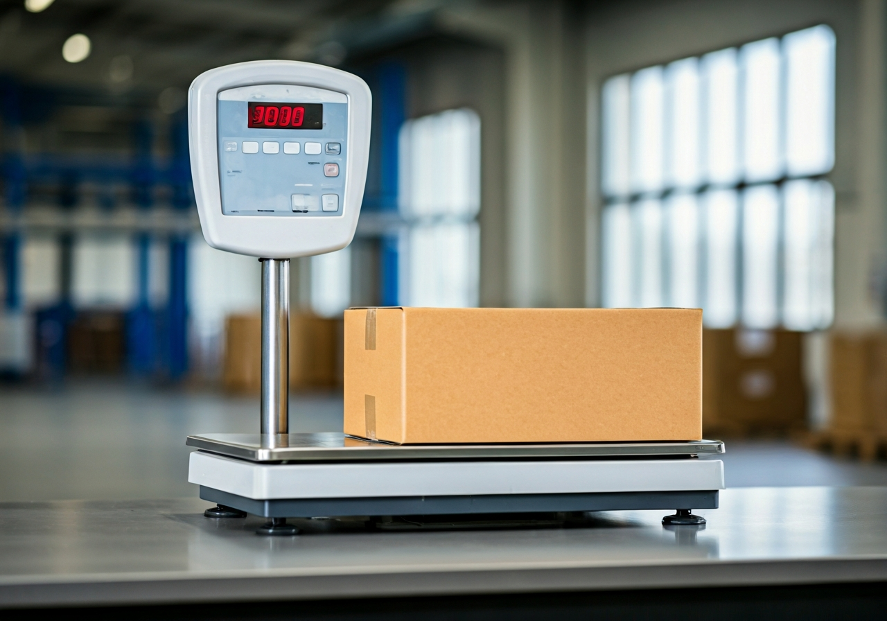 A professional industrial scale weighing a cardboard package in a modern, clean logistics warehouse, editorial photography, soft natural light, 85mm lens, sharp focus on the digital display and scale platform, no text, no words, no letters.