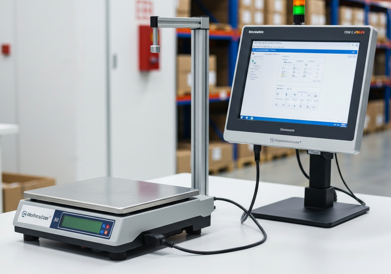 A professional industrial scale connected via USB cable to a modern computer terminal in a clean logistics warehouse, high-tech interface, soft natural lighting, editorial photography style, 85mm lens, depth of field, no text, no letters.