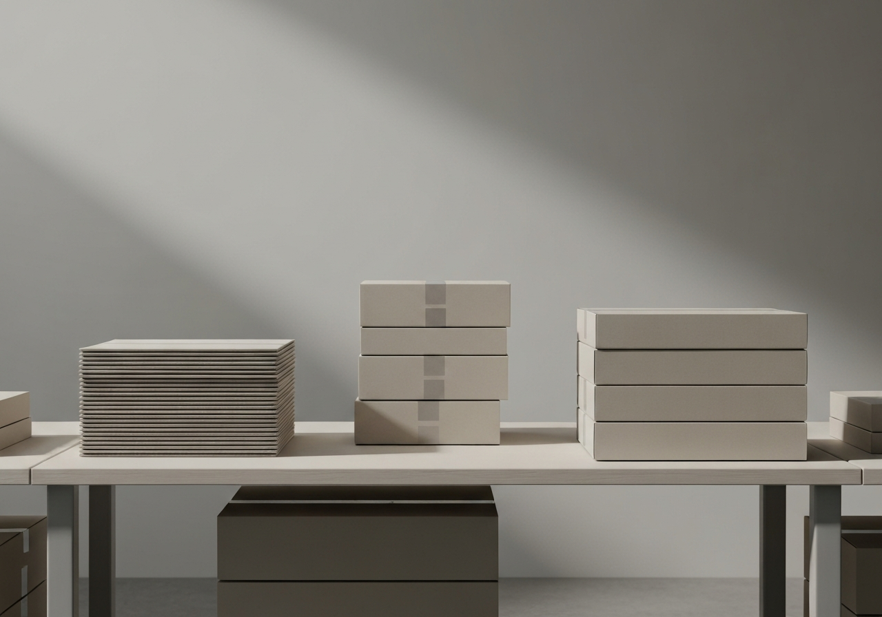 A professional warehouse table featuring various stacks of clean, flat-packed cardboard boxes, minimalist industrial design, clean neutral background, soft natural light, 85mm lens, high resolution, no text, no letters