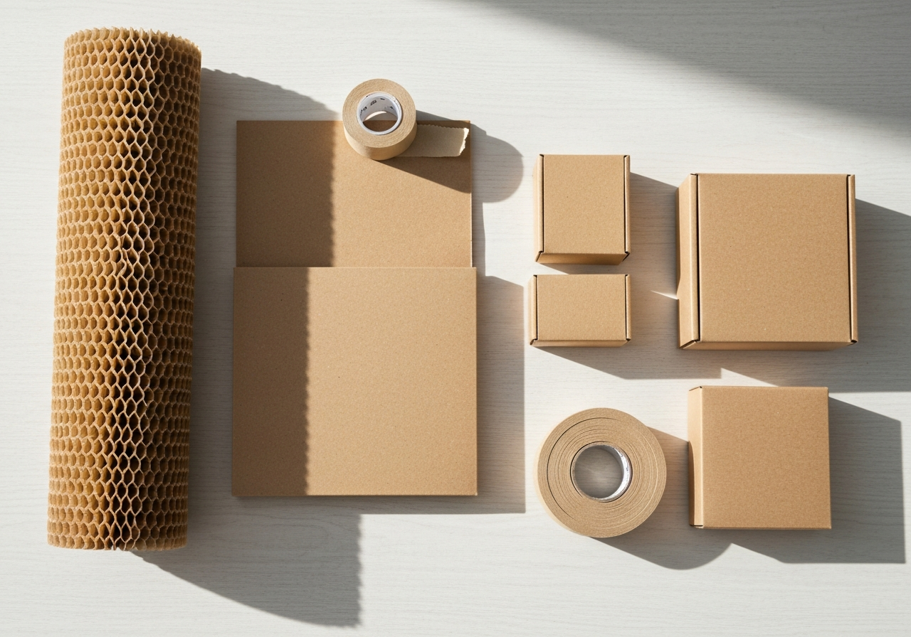 Flat lay of sustainable packaging materials including honeycomb kraft paper, recycled cardboard boxes, and paper adhesive tape on a clean wooden surface, editorial photography, minimalist aesthetic, soft natural light, 85mm lens, high resolution, no text, no letters