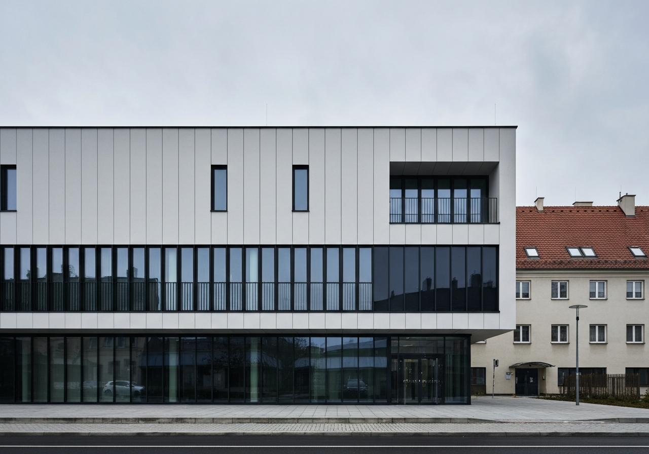 Modern facade of a Czech Post office building, clean urban environment in Hradek nad Nisou, architectural photography, soft daylight, 85mm lens, high resolution, no text, no words