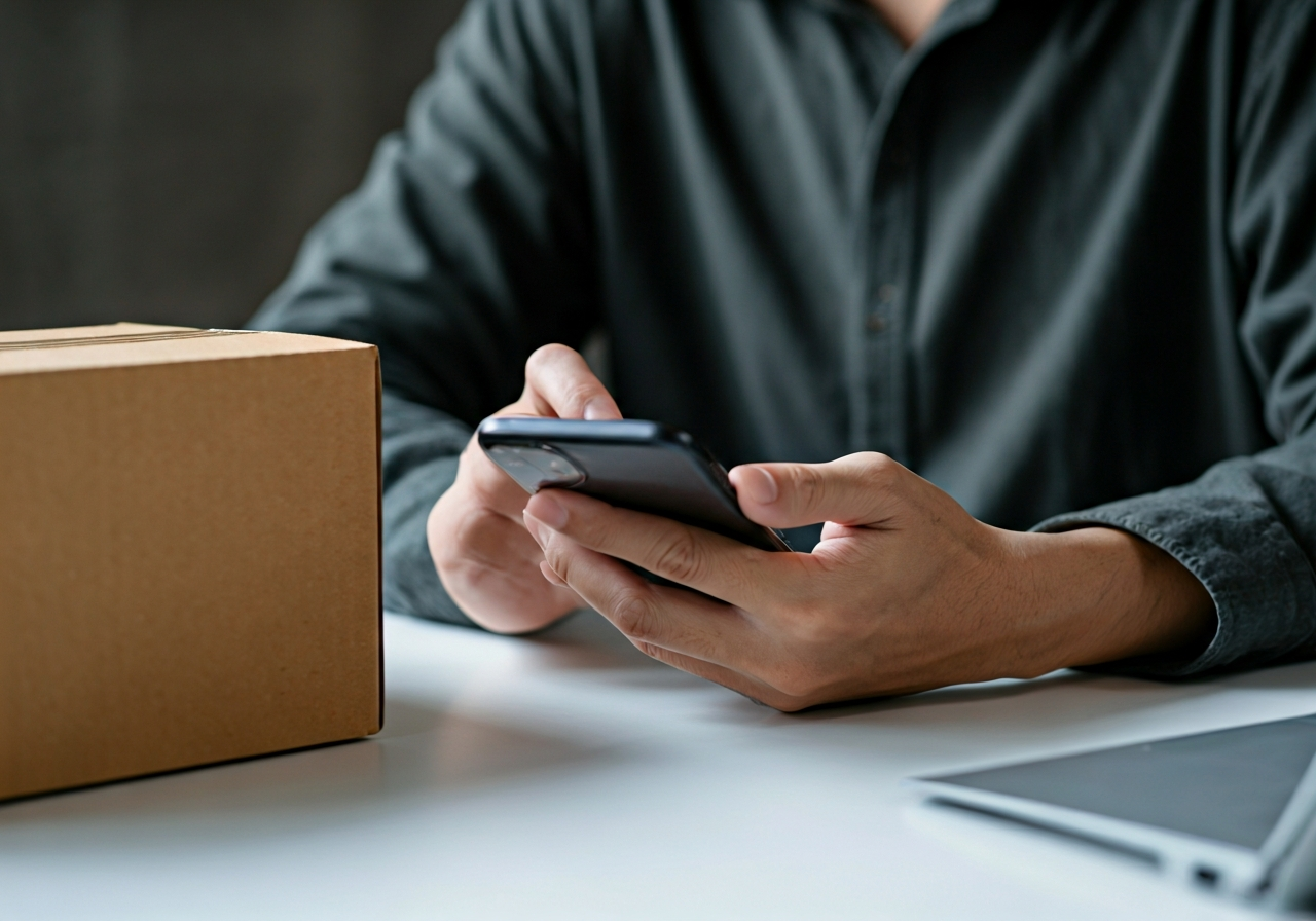 A professional person using a smartphone to track a package on a minimalist desk, modern office environment, clean aesthetic, soft natural light, 85mm lens, high quality, no text, no words, no letters.
