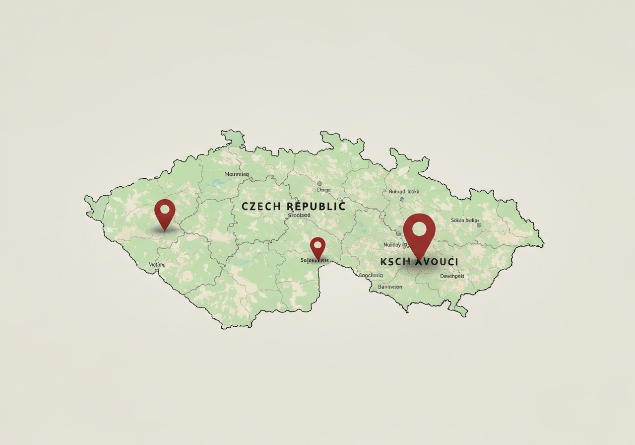 A detailed map of the Czech Republic with three highlighted pins representing distinct locations, modern editorial style, clean background, soft natural light, 85mm lens, high resolution, no text, no words, no letters.