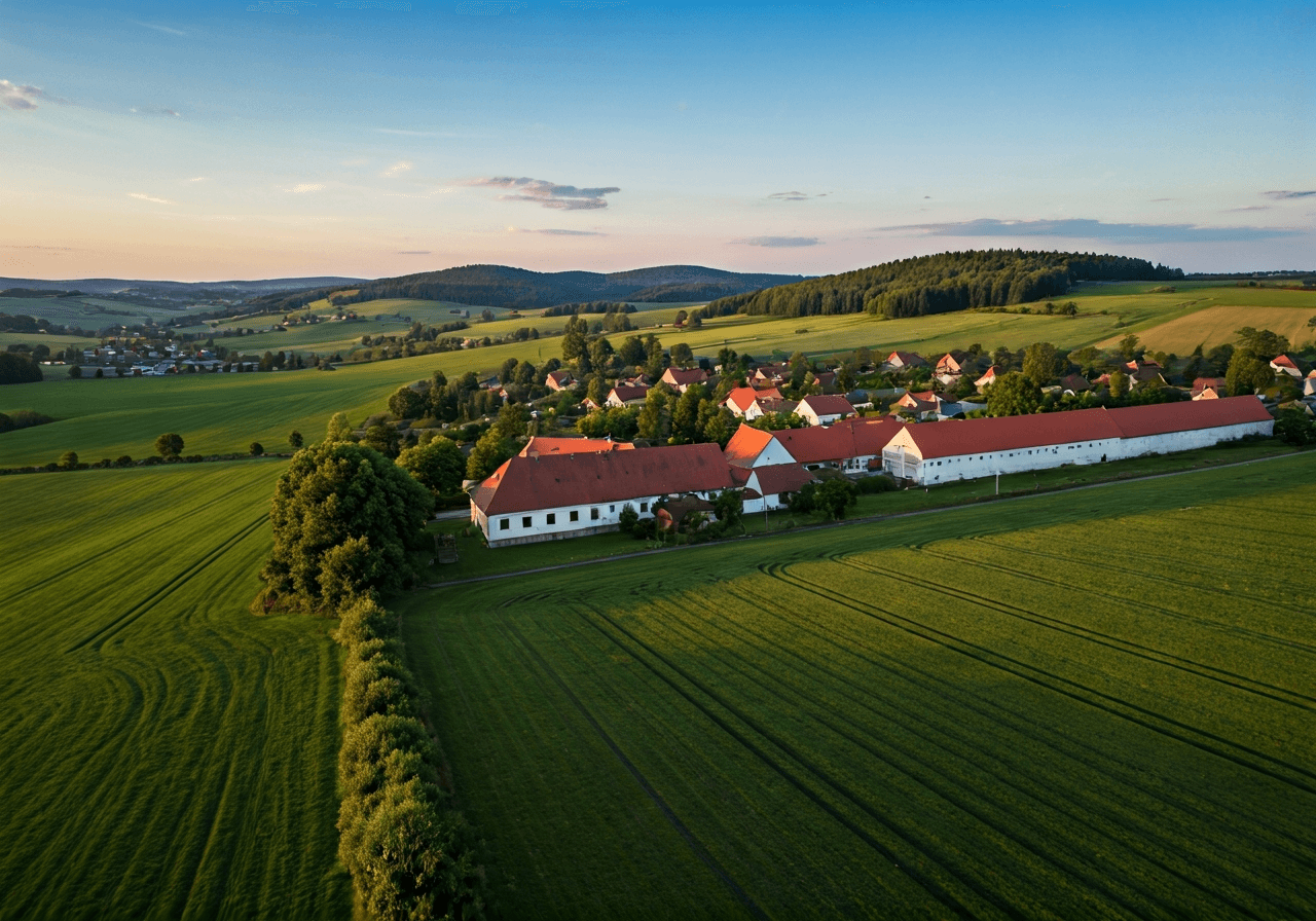 Aerial view of a peaceful rural village in South Bohemia, rolling green hills, traditional architecture, soft golden hour sunlight, editorial photography, 85mm lens, no text, no letters