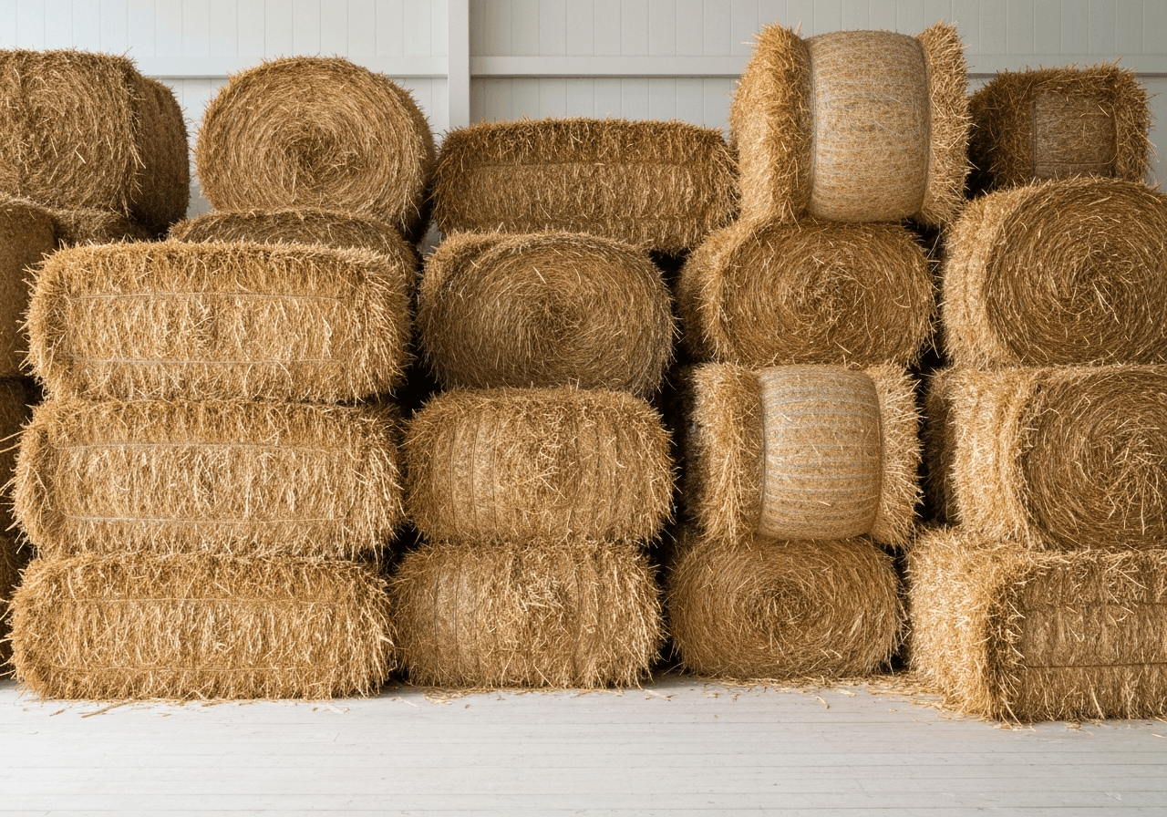 A collection of various sized straw bales stacked in a clean, modern agricultural storage facility, showing texture and geometric density, editorial photography, soft natural light, 85mm lens, high resolution, no text, no letters