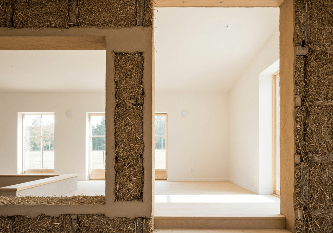 Architectural detail of a straw-bale wall cross-section, showing compressed straw and natural clay plaster, bright modern Scandinavian interior, soft natural morning light, 85mm lens, high quality editorial photography, no text, no words, no letters