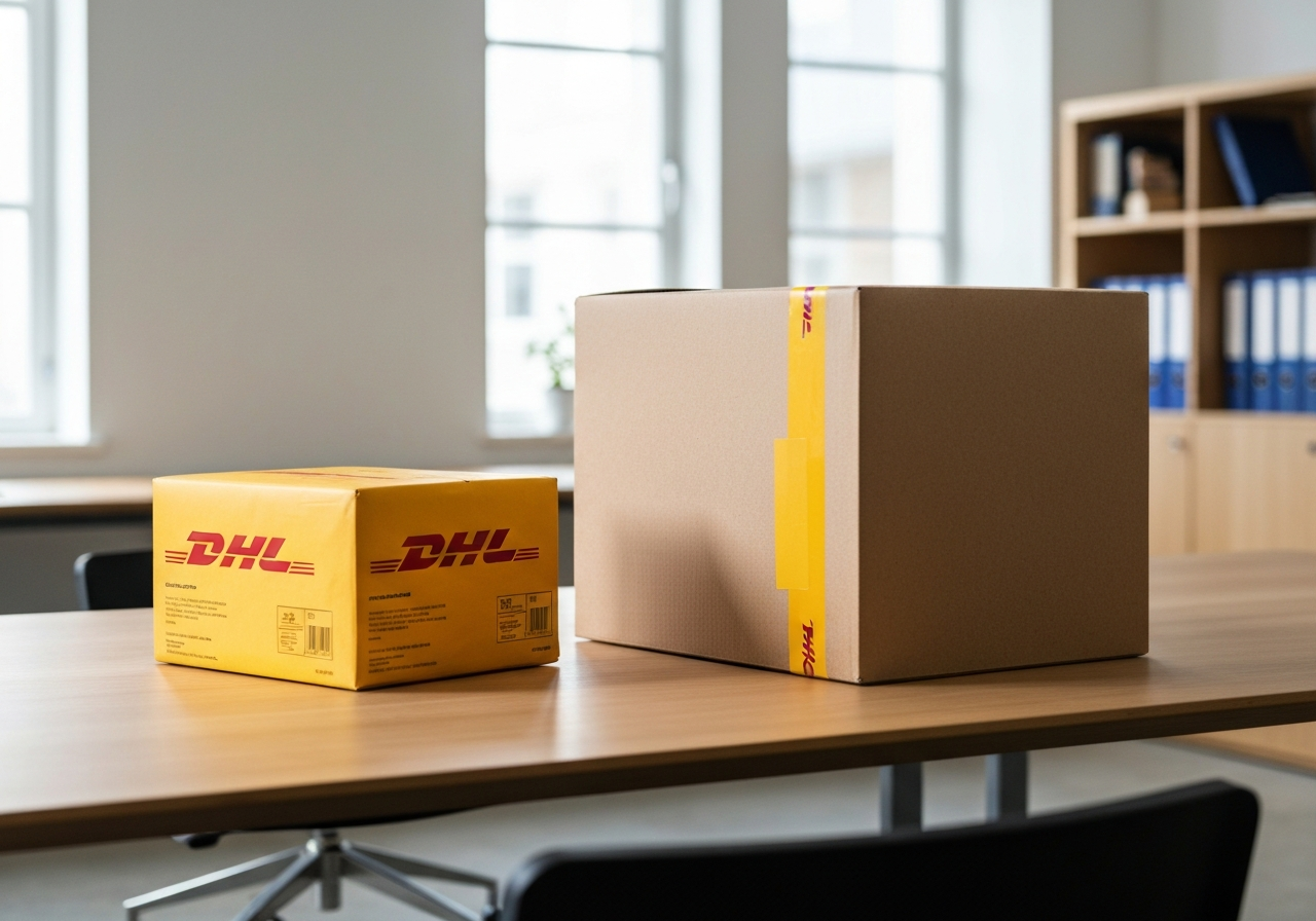 A high-end logistics scene showing two distinct DHL branded shipping packages placed on a minimalist, modern wooden desk in a bright, airy office environment, soft natural light, professional editorial photography, 85mm lens, high detail, no text, no words, no letters