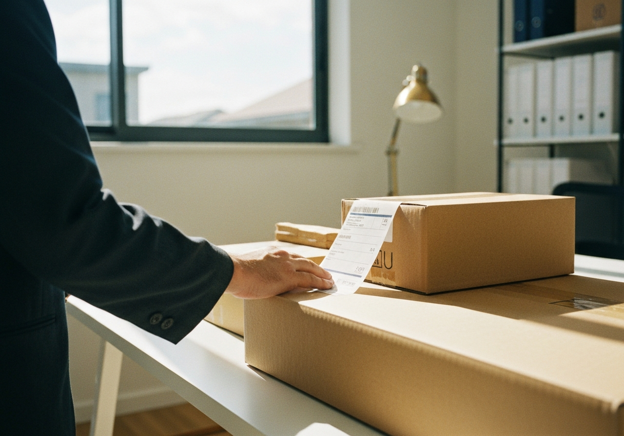 A professional, close-up shot of a well-packed cardboard shipping box being labeled in a clean, modern home office, focus on the shipping label application, soft natural light, editorial photography style, 85mm lens, high resolution, no text, no words, no letters.