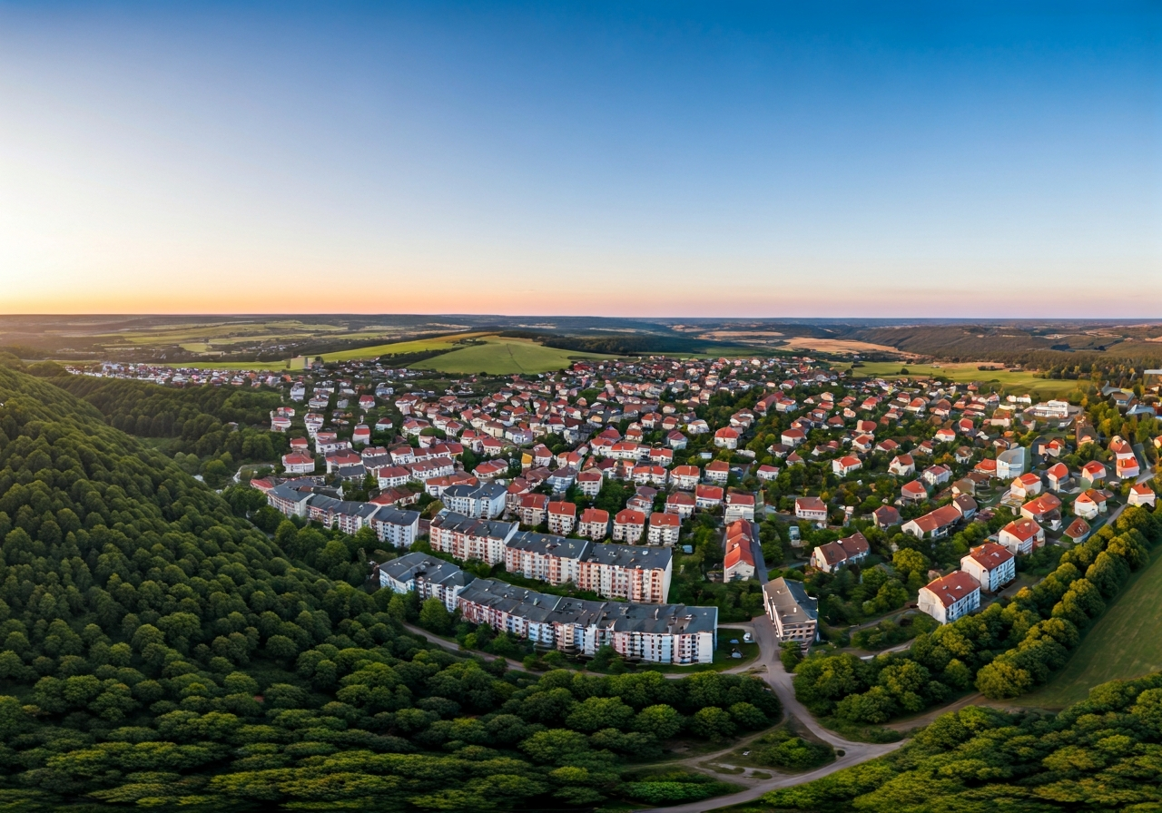 Aerial wide shot of the town of Dolni Benesov nestled in a lush landscape, modern clean aesthetic, editorial photography, soft natural morning light, 85mm lens, high resolution, no text, no words, no letters