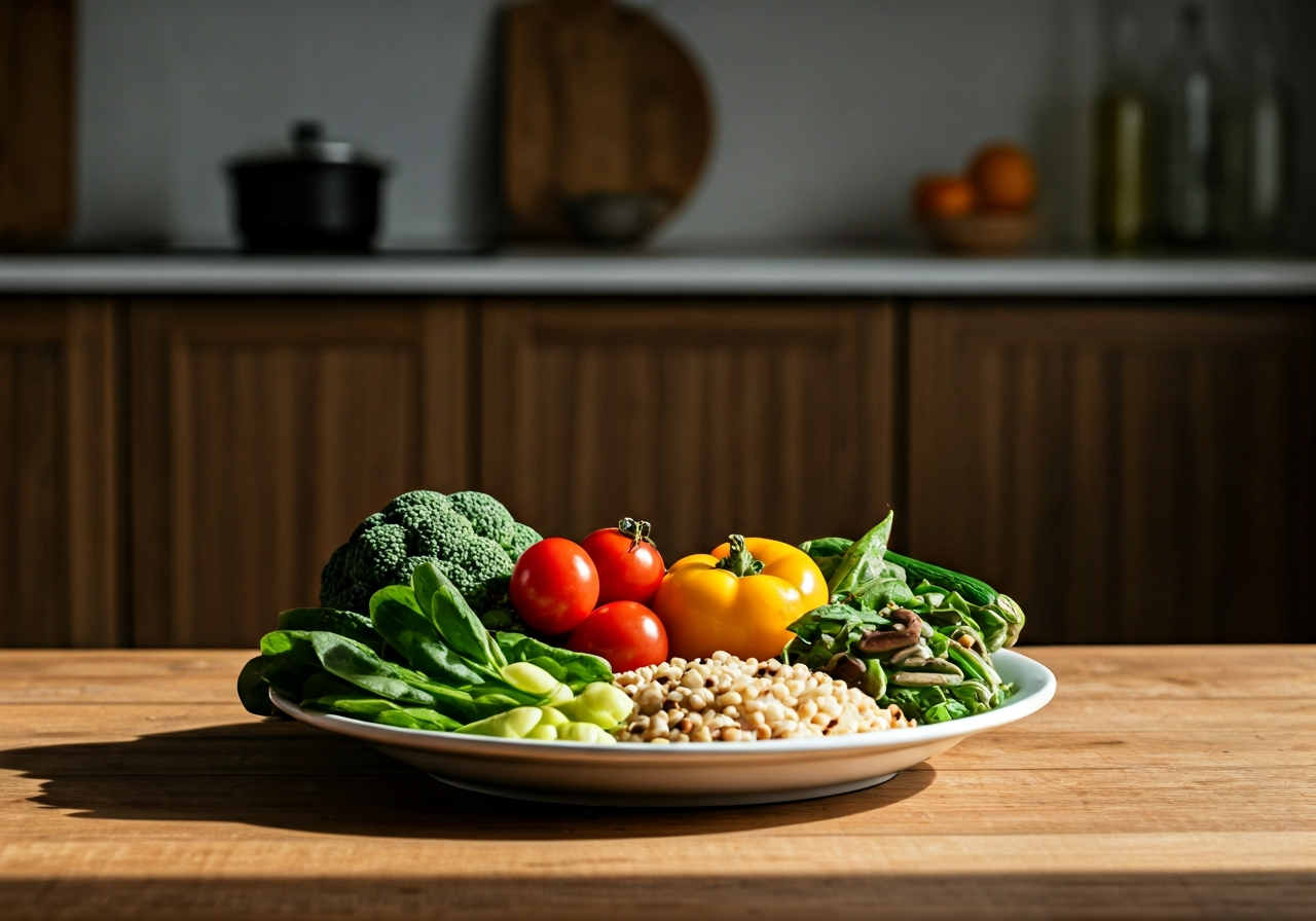 A professional nutritionist demonstrating a balanced meal plate filled with fresh local vegetables and whole grains on a rustic wooden table in a sunlit, modern kitchen, editorial photography, soft natural light, 85mm lens, shallow depth of field, no text, no words, no letters.