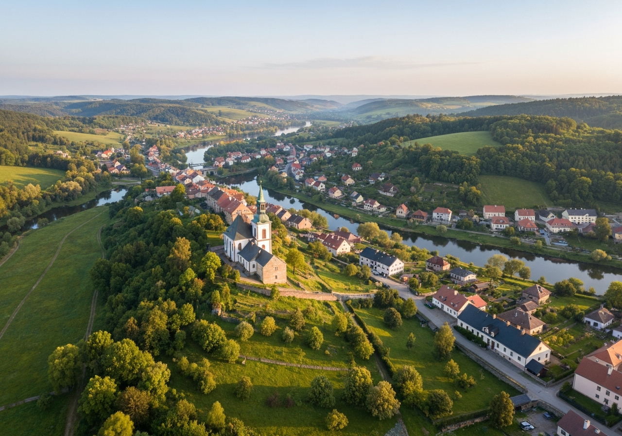 Aerial panoramic view of the village of Dolni Zandov nestled in the scenic Cheb region landscape, lush green hills and historical architecture, editorial photography, soft natural morning light, 85mm lens, high resolution, no text, no letters