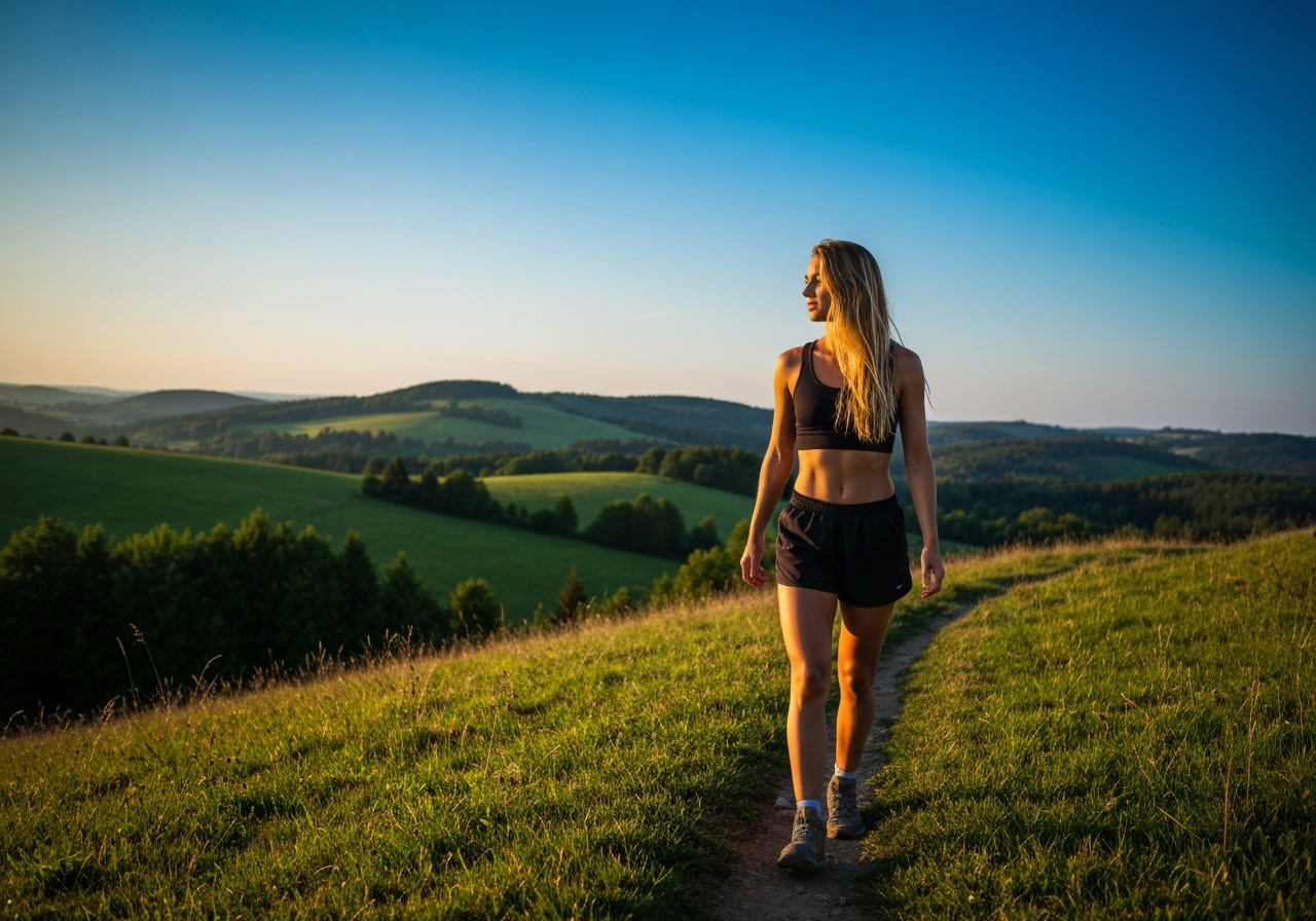 A healthy person hiking on a scenic trail in the hilly landscape of Cheb district during golden hour, vibrant natural colors, professional editorial photography, soft natural light, 85mm lens, shallow depth of field, no text, no letters