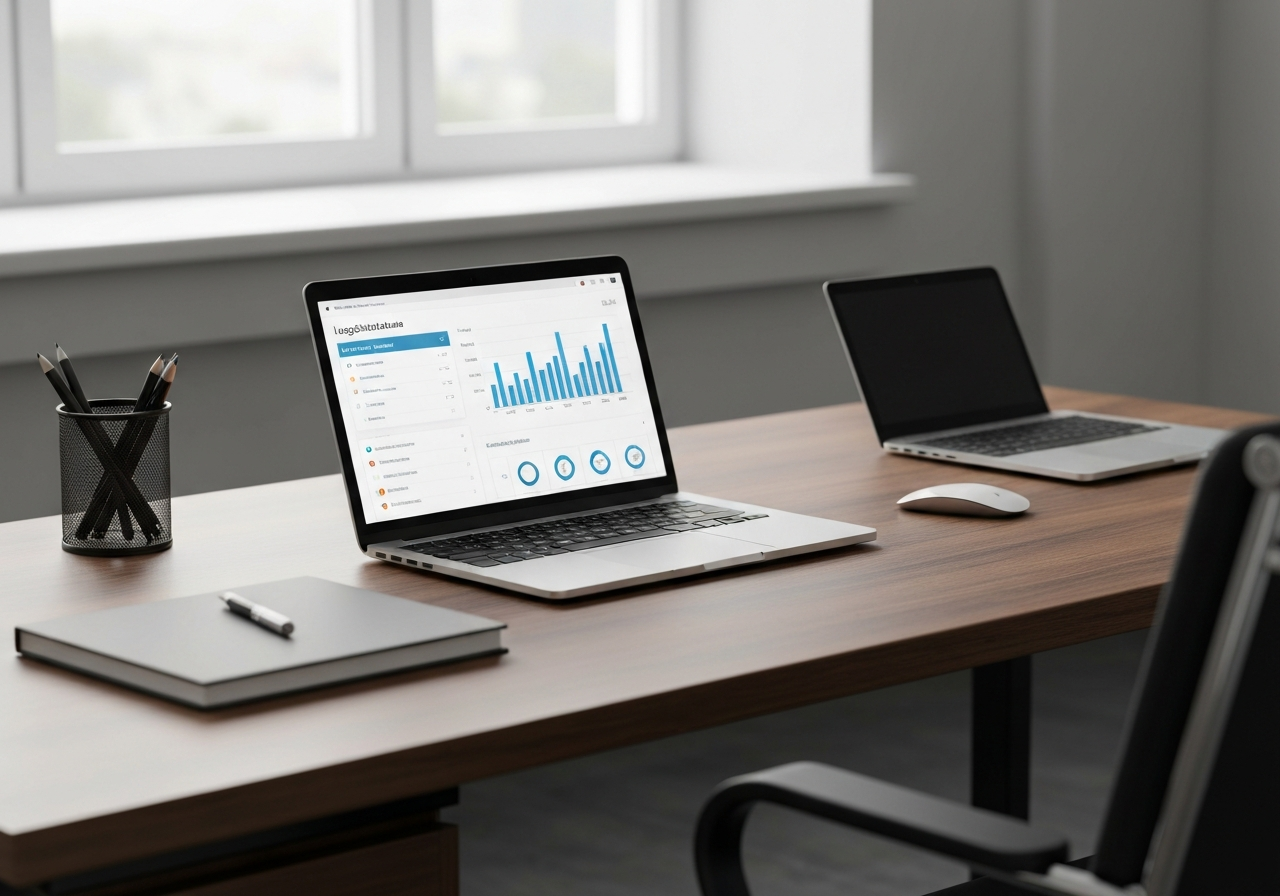 A professional logistics office desk with a laptop displaying a modern dashboard, sleek minimalist interface, clean office environment, soft natural light, 85mm lens, depth of field, no text, no words, no letters