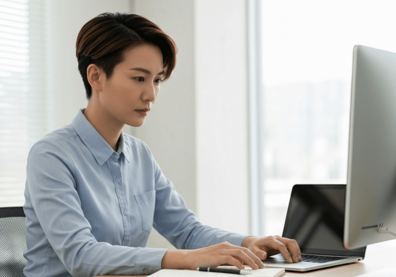 A professional human resources specialist looking at a computer screen with a serious expression, modern bright office background, clean desk with a laptop and a notebook, editorial photography, soft natural lighting, 85mm lens, high resolution, no text, no words, no letters.