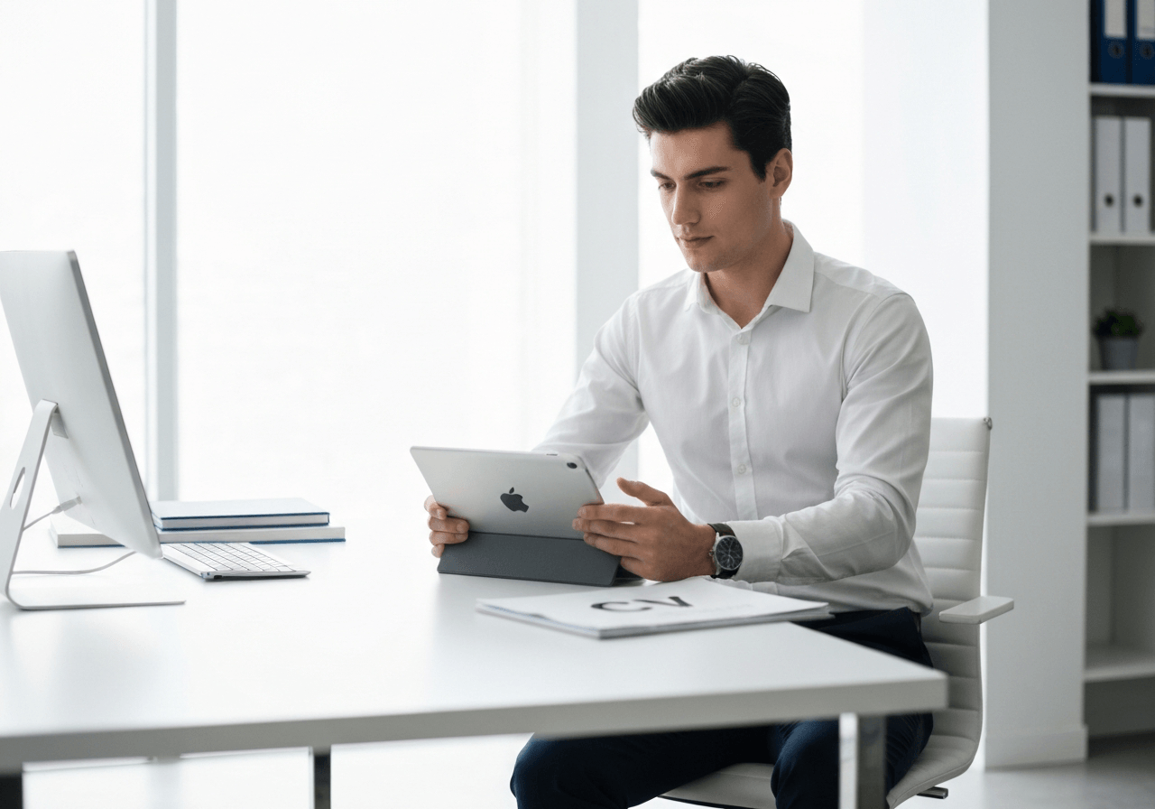 A professional candidate sitting at a modern desk with a tablet and a neatly organized CV, bright office environment with minimalist logisitics theme, editorial photography, soft natural light, 85mm lens, highly detailed, no text, no letters