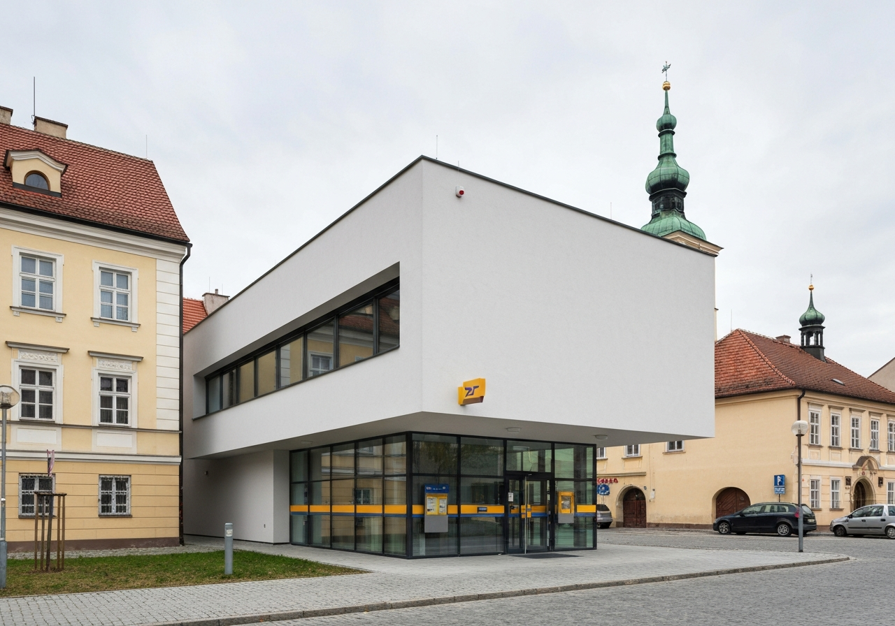 Exterior view of a modern Czech post office building in a historical town setting, clean architectural lines, soft natural daylight, 85mm lens, high quality editorial photography, no text, no letters