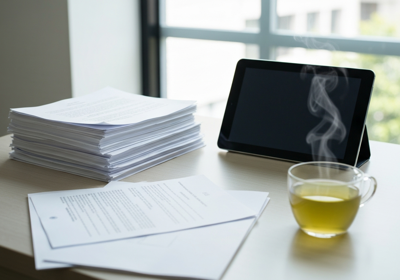 A professional, organized desk setting featuring a stack of crisp official documents, a sleek digital tablet, and a cup of green tea, minimalist and clean environment, editorial photography, soft natural light, 85mm lens, high resolution, no text, no letters.