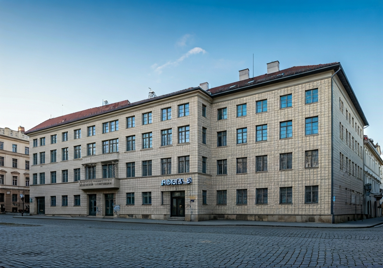 Exterior view of a modern Czech post office building in a historic town square, clean architecture, soft natural light, editorial photography style, 85mm lens, high detail, no text, no letters