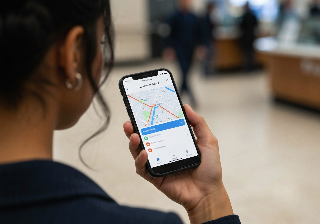 A close-up of a modern smartphone showing a package tracking app interface held by a person in a bright post office lobby, soft natural light, professional editorial photography, 85mm lens, high quality, no text, no letters.