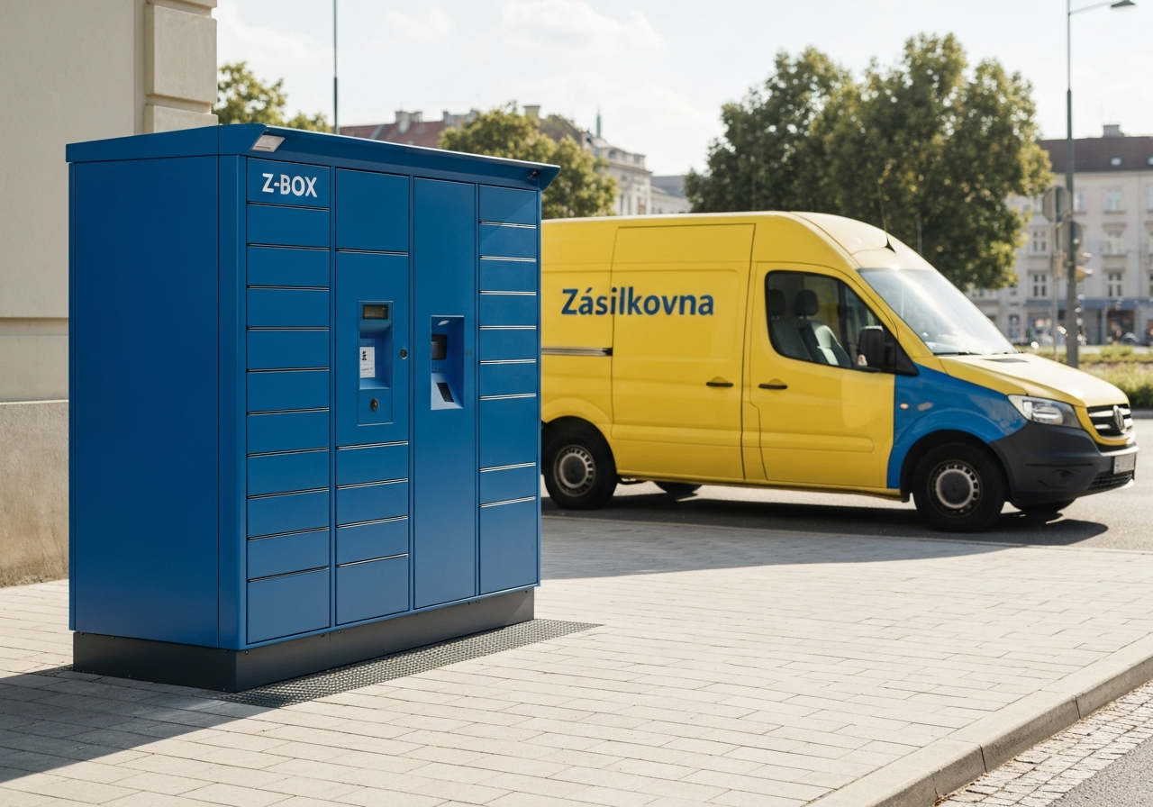 A modern Z-BOX automated parcel locker standing on a clean city street, next to a Zásilkovna delivery van, soft natural sunlight, professional editorial photography, depth of field, 85mm lens, no text, no words, no letters