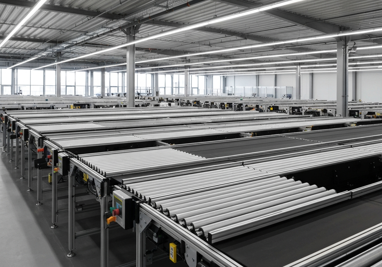 A high-end modern logistics facility with automated sorting belts, clean minimalist aesthetic, soft natural light, depth of field, 85mm lens, editorial photography, no text, no words, no letters