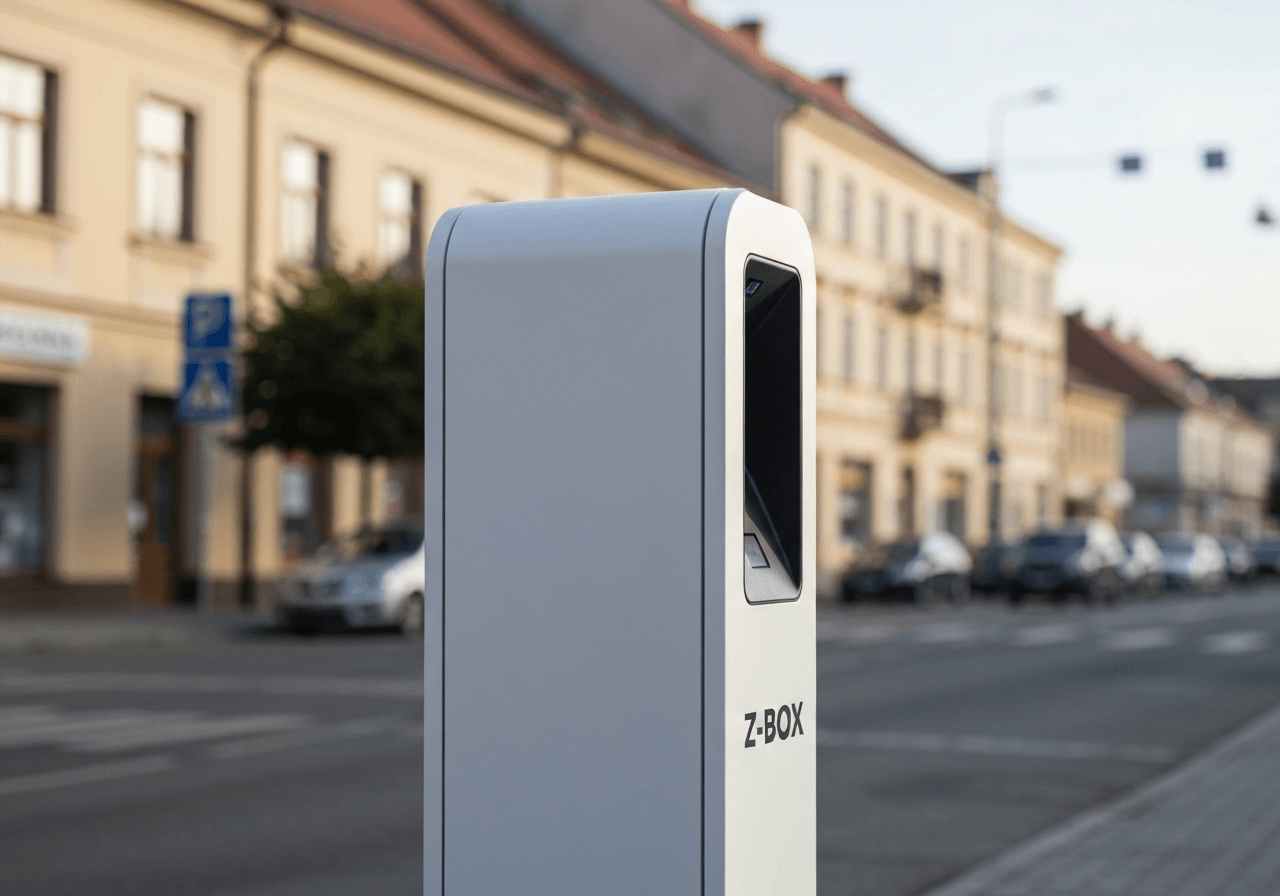 A clean, modern Z-BOX terminal in a sunlit urban setting in Lovosice, blurred background of local architecture, professional editorial photography, soft natural light, 85mm lens, high resolution, no text, no words.
