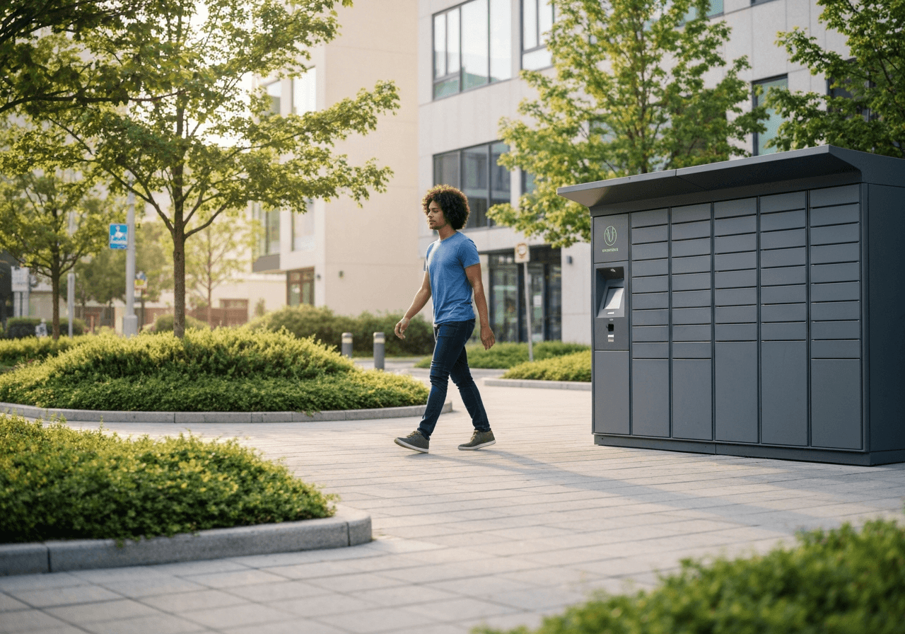 A person walking purposefully through a modern, green city street towards a sleek, automated parcel locker, editorial photography, urban wellness concept, soft natural morning light, 85mm lens, high quality, no text, no letters