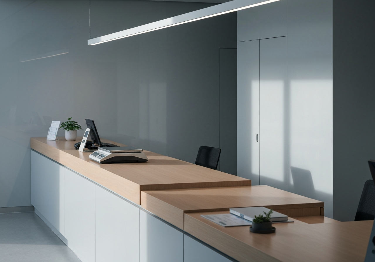A professional, minimalist view of a modern post office counter with a clean, organized aesthetic, soft natural light, 85mm lens, depth of field, high resolution, no text, no words, no letters.