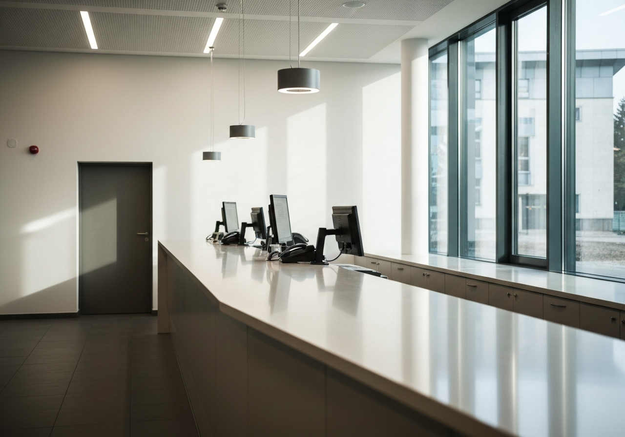 A professional, modern post office interior in the Czech Republic, clean service counter, soft natural light entering through windows, 85mm lens, depth of field, premium editorial style, no text, no words, no letters