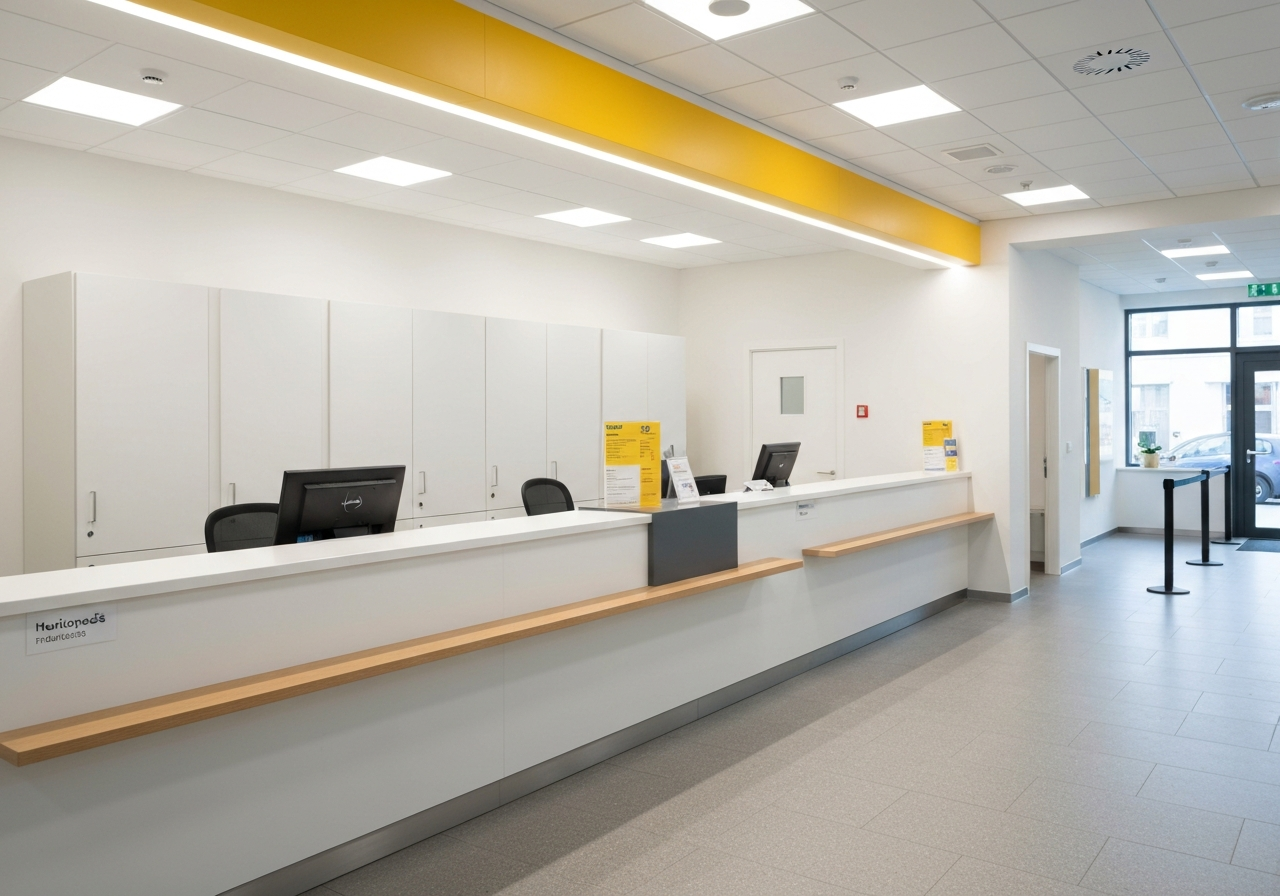 A close-up shot of a modern customer service counter at a postal office in Hustopeče, Czech Republic, clean minimalist interior, soft natural light, professional editorial photography, 85mm lens, blurred queue area in the background, no text, no words, no letters.