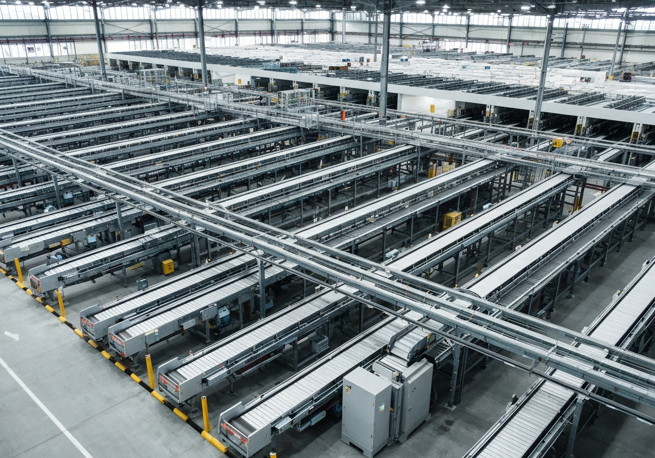 Aerial view of a modern logistics sorting center hub with automated conveyor belts, clean industrial design, editorial photography, soft natural light, 85mm lens, high resolution, no text, no letters