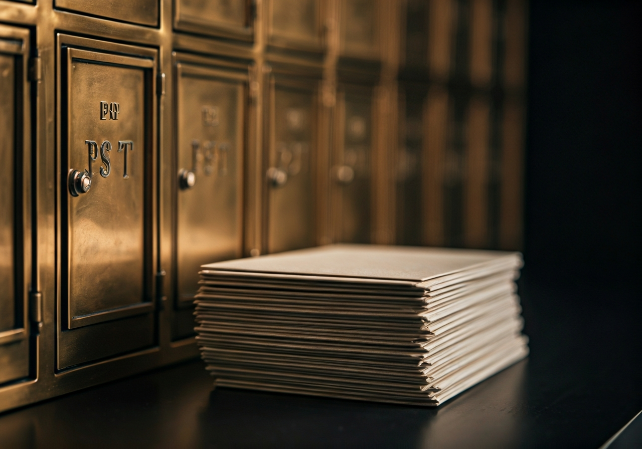A professional, organized row of modern brass post office boxes in a minimalist corporate lobby, soft cinematic lighting, focus on a neatly stacked pile of envelopes, editorial photography style, 85mm lens, high detail, no text, no letters