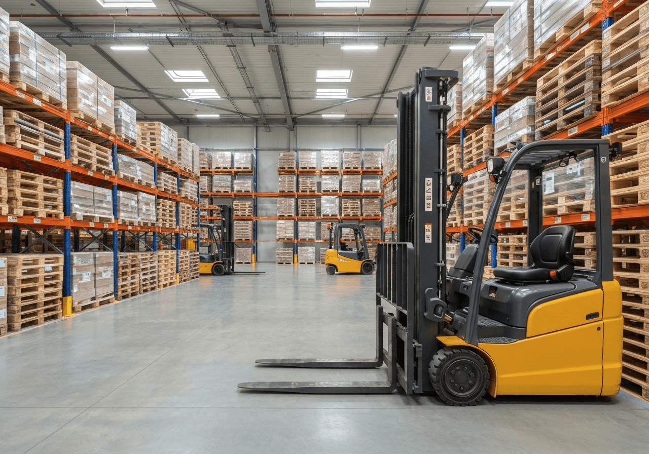 A professional logistics warehouse interior in Brno with organized pallets and modern forklifts, clean industrial environment, editorial photography, soft natural light, 85mm lens, highly detailed, no text, no letters