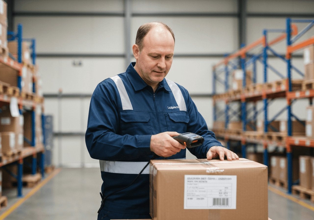 A professional logistics warehouse worker carefully scanning a secured high-value package, clean minimalist industrial environment, high-end editorial photography, soft natural light, shallow depth of field, 85mm lens, no text, no words, no letters.