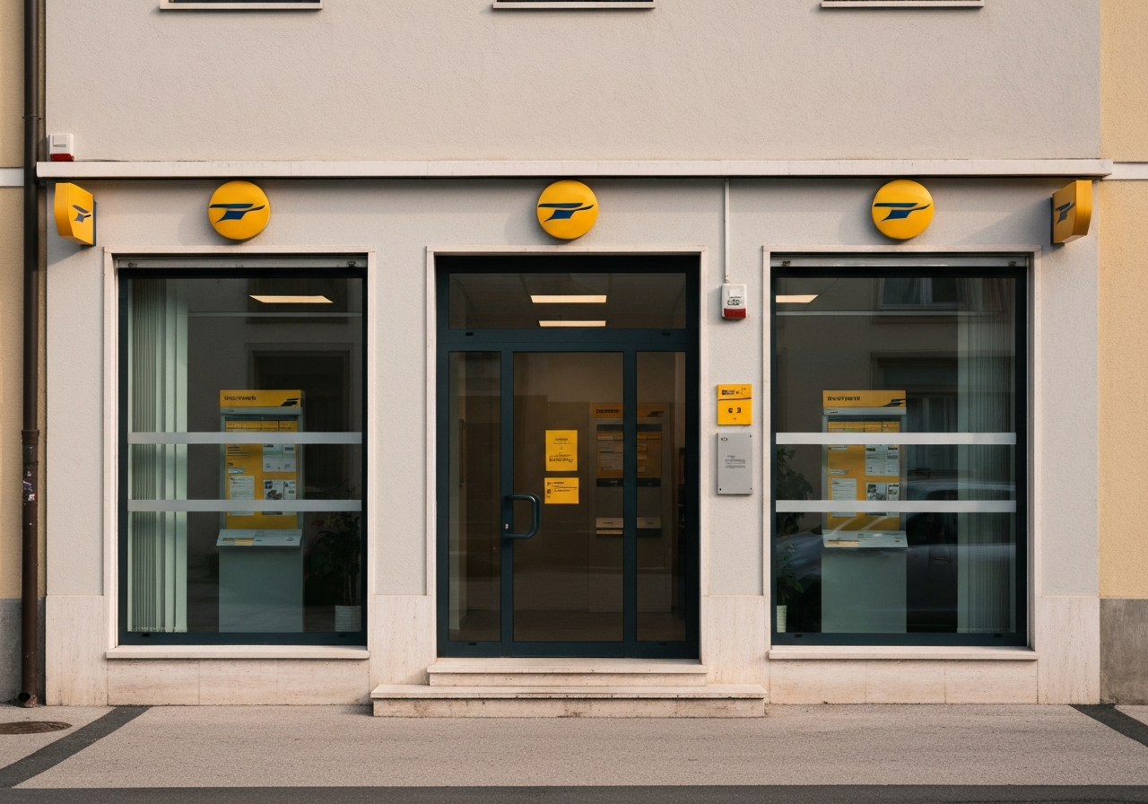 A professional, modern post office storefront in Jesenice, clean architecture, soft natural daylight, cinematic editorial style, 85mm lens, high quality, no text, no words, no letters.