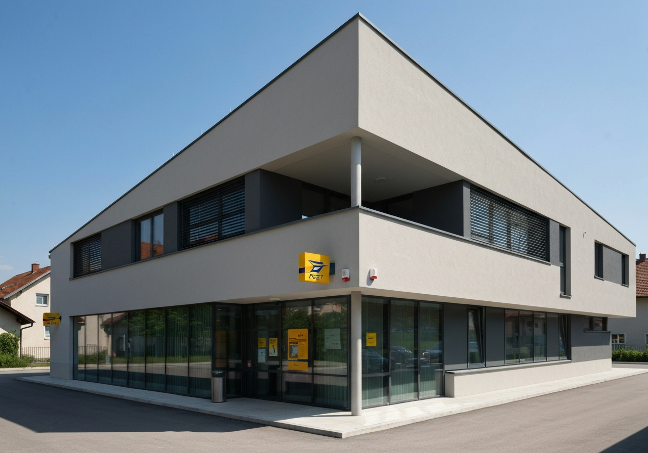 Modern facade of a Slovenian post office branch in Jesenice, minimalist architectural style, clear signage, bright daylight, clean surroundings, professional photography, 85mm lens, high resolution, no text, no words, no letters