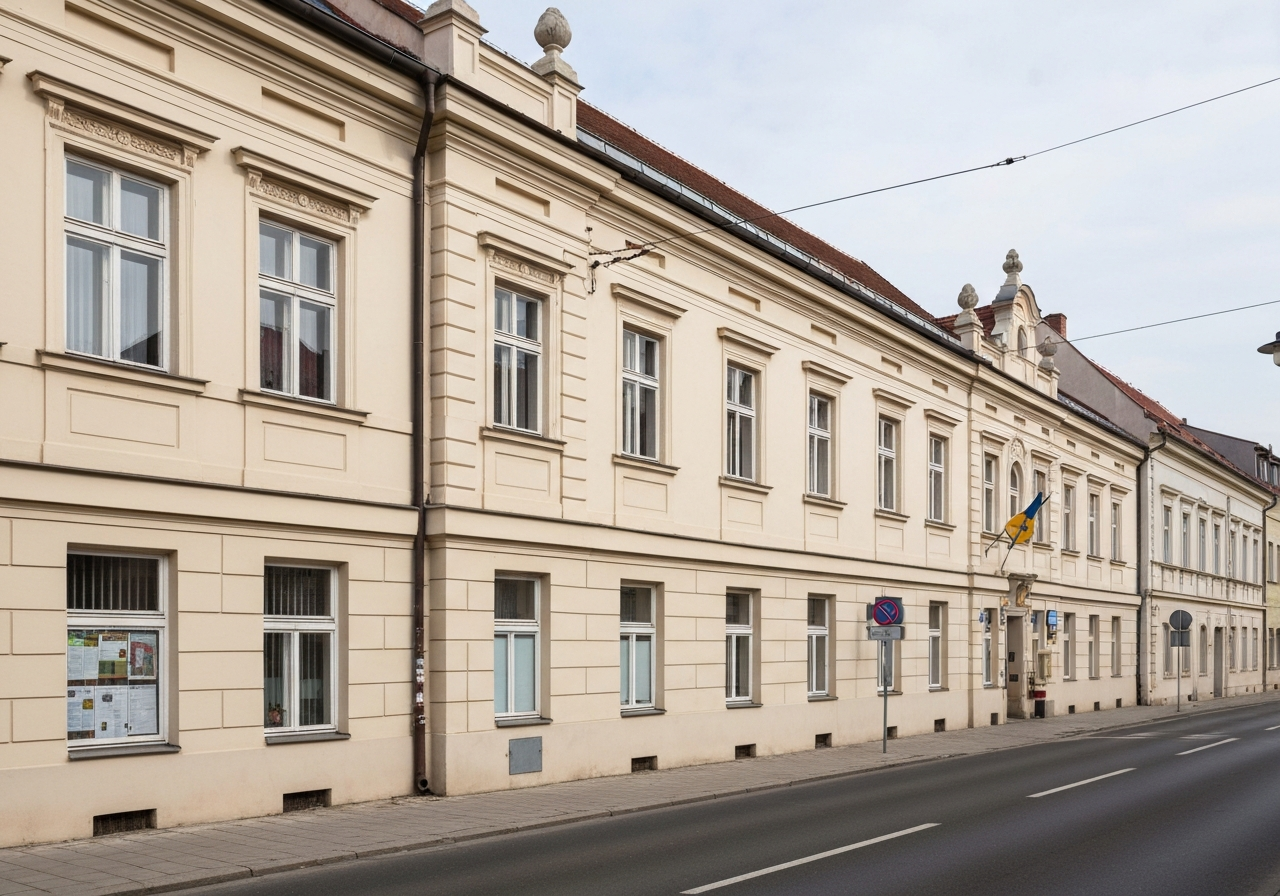 Editorial photography, the exterior of a traditional Czech post office building in Rouchovany, clean street view, soft natural daylight, high resolution, professional architectural photography, 85mm lens, no text, no words, no letters