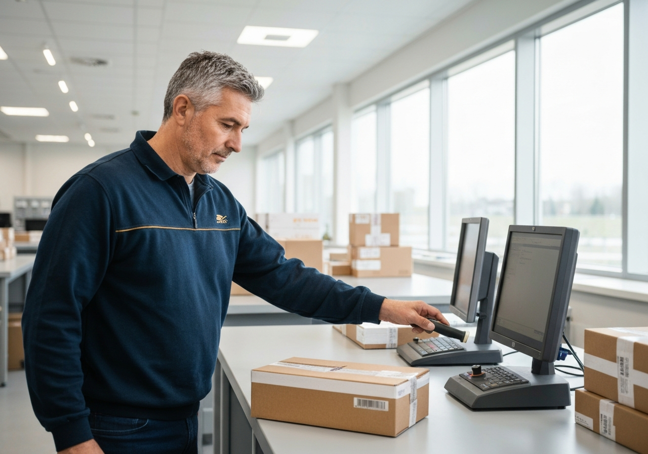 A professional logistics worker scanning packages in a clean, modern post office facility, interior, editorial photography, natural daylight, 85mm lens, professional atmosphere, no text, no words, no letters