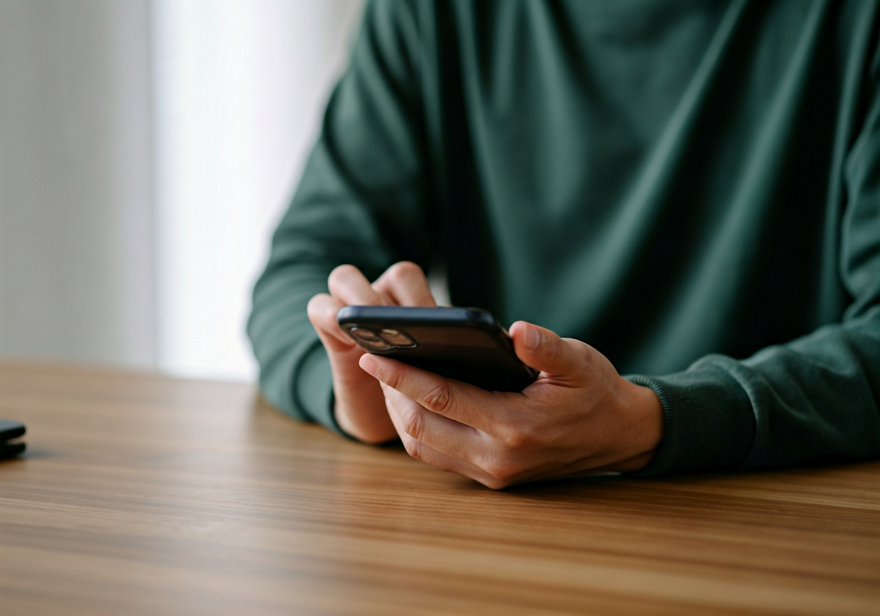 A professional person using a smartphone to track a package, modern and clean home office environment, editorial photography, soft natural light, 85mm lens, highly detailed, no text, no letters