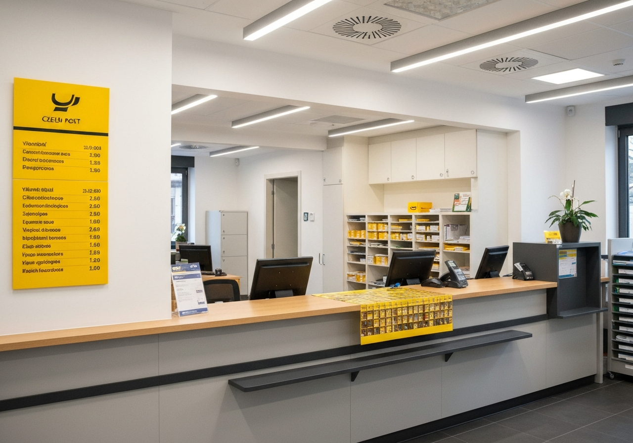 A professional view of a modern Czech Post office interior in Breclav, clean minimalist counter, high-end editorial lighting, shot on 85mm lens, blurred background of organized postal parcels, no text, no letters.