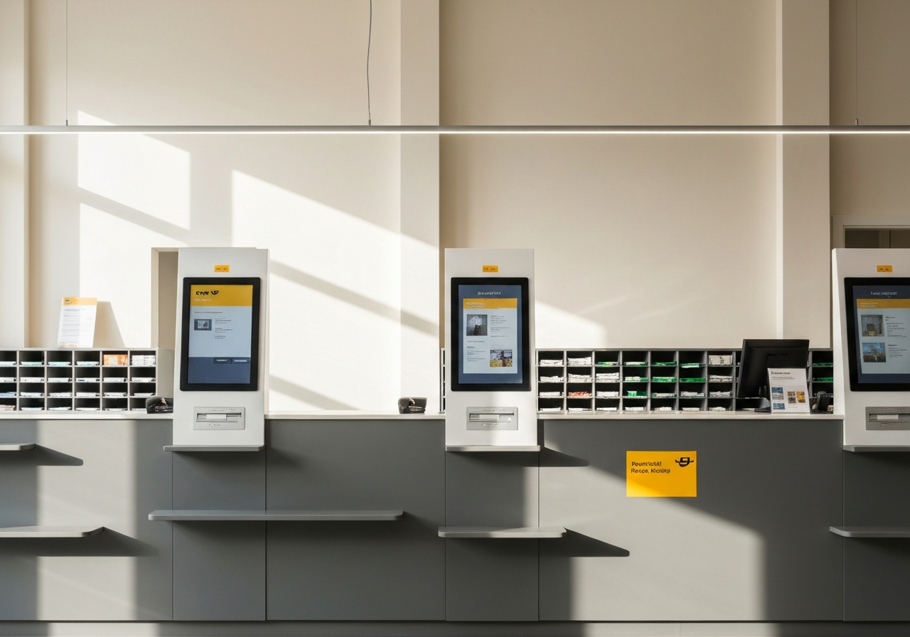 A professional desk at a modern post office counter in Břeclav, featuring digital signage and organized parcel slots, editorial photography style, bright and clean interior, soft natural light, 85mm lens, high resolution, no text, no words, no letters